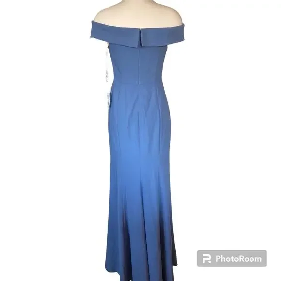 Dessy Collection NWT Off Shoulder Trumpet Gown Front Slit Larkspur Blue Size 0 - Picture 4 of 8